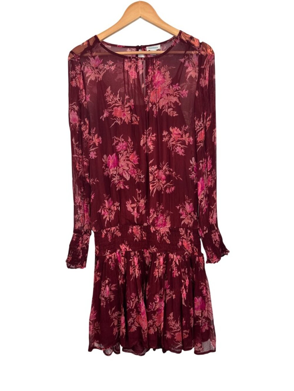 Sundance Burgundy Floral Sheer Long Sleeve Dress Smocked Waist Lined Womens S